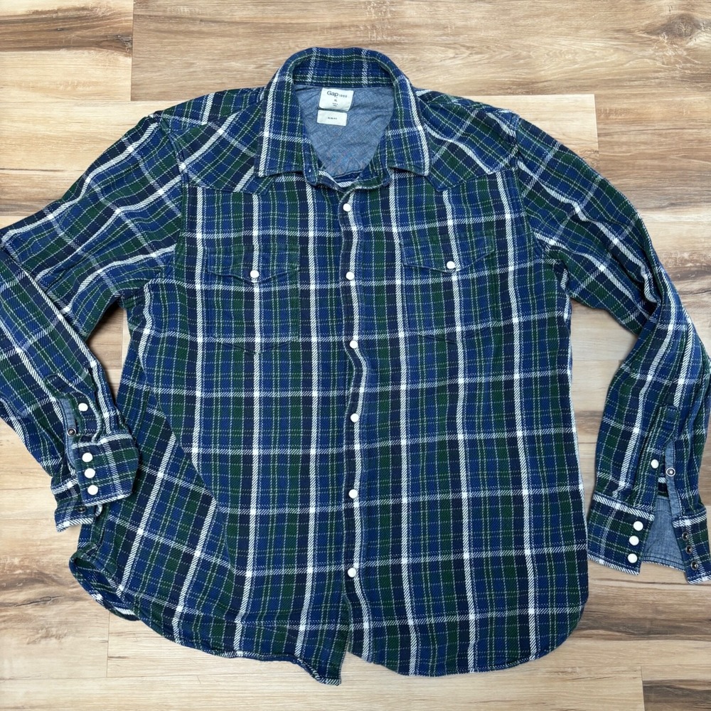 Gap Western Pearl Snap Shirt XL Plaid Flannel Slim Fit Blue Green
